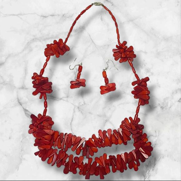 Vintage Red Coral Statement Necklace & Dangle Earrings Set - Picture 1 of 16